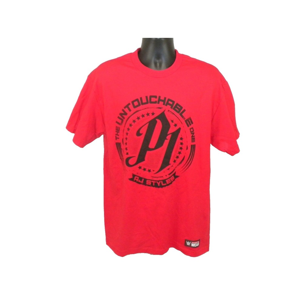 WWE AJ Styles T-shirt L Red‎ Untouchable One Hard To Follow Wrestle Royal Rumble